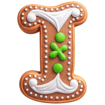 Delightful gingerbread cookie shaped like letter I, decorated with white icing and green accents, perfect for festive occasions png