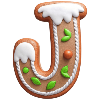 Gingerbread letter J decorated with white icing, green leaves, and colorful accents, perfect for festive occasions and holiday baking png