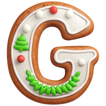 Gingerbread letter G decorated with icing and festive elements, perfect for holiday celebrations and baking activities. This delightful treat adds cheerful touch to any festive occasion png