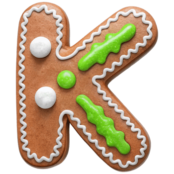 Gingerbread cookie shaped like letter K decorated with green icing and white candy. This festive treat is perfect for holiday celebrations and adds playful touch to any dessert table png