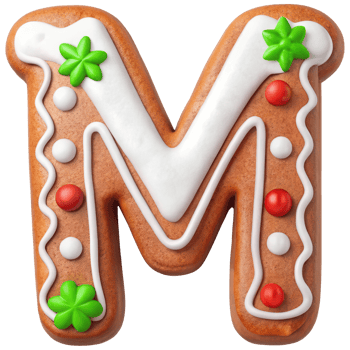 Gingerbread cookie shaped like letter M, decorated with colorful icing and festive elements, perfect for holiday celebrations and baking activities png