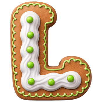Gingerbread cookie shaped like letter L decorated with white icing and green candy dots, perfect for festive occasions and holiday celebrations png