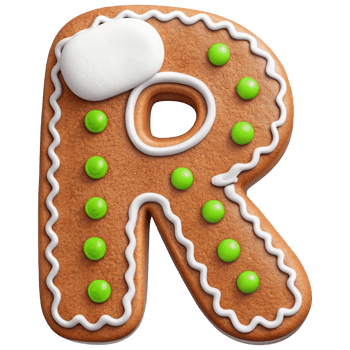 Gingerbread letter R decorated with green candies and white icing, perfect for festive occasions and holiday baking. This delightful treat adds playful touch to any celebration png