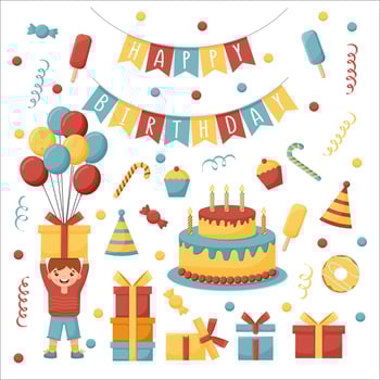 Cartoon birthday party decorations. Gifts presents, sweet cupcakes and celebration cake. Colorful balloons, carnival celebration food and candy. Isolated illustration icons set. vector