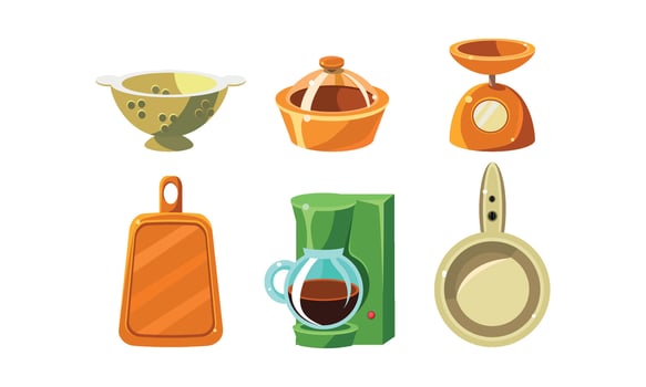 Kitchen utensils set, cooking tools, colander, scales, coffee maker, cutting board, frying pan Illustration vector
