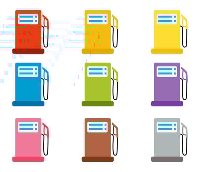 illustration of cartoon and colorful gas stations isolated on white background. vector