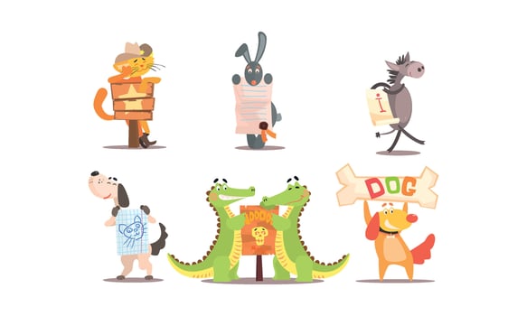 Collection of funny animals in different situations, amusing animals holding signs Illustration vector