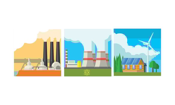 Power plant stations set, clean and polluting energy generation production Illustration vector