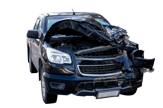 Front and side view of black pickup truck car get damaged by accident on the road. damaged cars after collision. isolated on transparent background, File png