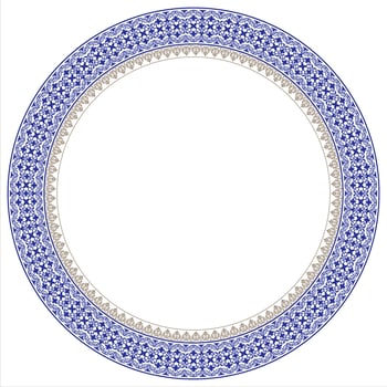 Beautiful round frame arabesque. Golden blue plate. Vintage, ethnic frame with arabesques, EPS. Pattern frame for round surfac, sandblasting, ceramics, household utensil, embroidery vector