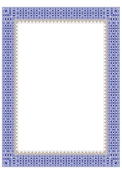 Blue and gold rectangular Vertical Islamic national ornament frames Arabesque. A4 format. Abstract Islamic elements of the national pattern. Pattern frame for sandblasting and ceramics, embroidery vector