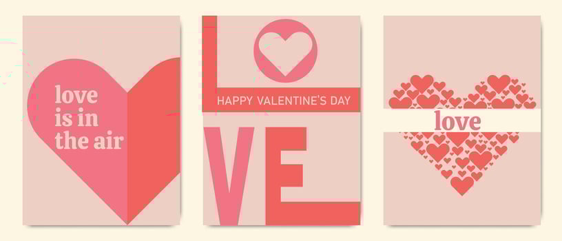 Set of three Valentine's day cards with love messages, heart shapes, and modern typography on beige background. vector