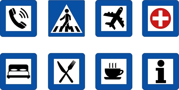 Blue Square Road Signs. Telephone, Crosswalk, Airport, First Aid. Hotel, Restaurant, Highway Diner and Information vector