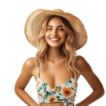 A beautiful woman in a bikini top and hat png