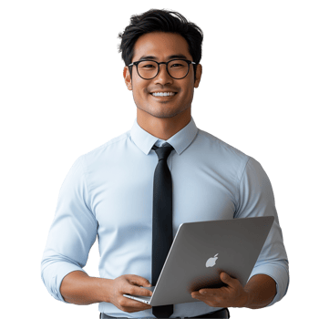 A man in glasses holding a laptop png