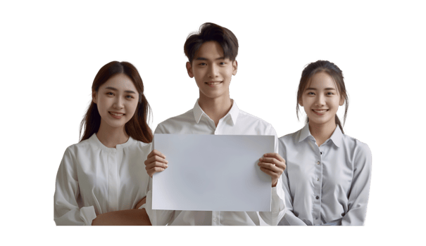 Three asian people holding a blank paper png