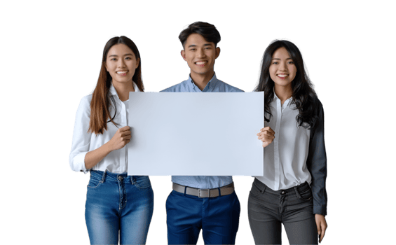 Three asian business people holding a blank sign png