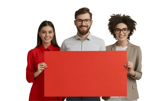 Three people holding a red sign png