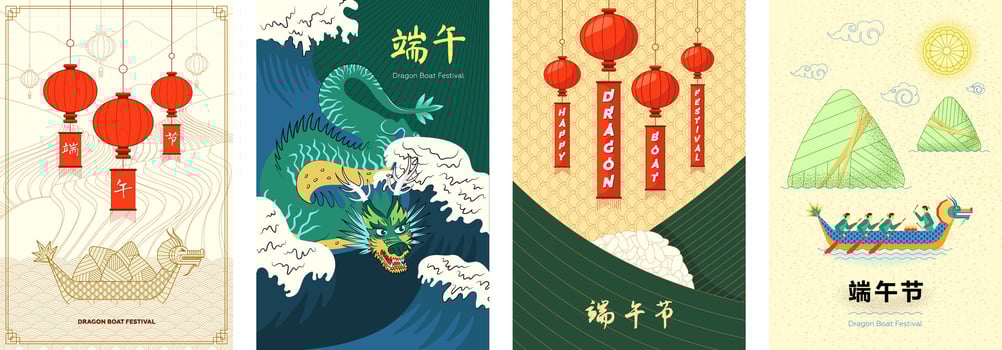 Chinese Dragon Boat Festival drawing art poster set. China Duanwu holiday traditional fest lunar serpent on wavy river backdrop artwork. Asian boating festive placard. Translation Dragon Boat Festival vector