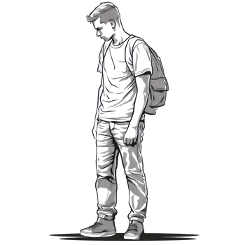 A young man in casual clothing stands with a backpack on his shoulders, looking down. png
