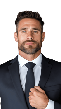 Businessman in dark suit with beard posing confidently on transparent background png