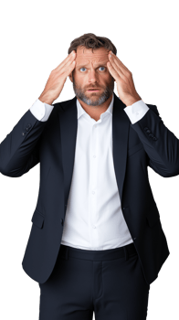 Businessman in formal suit touching his head with a thoughtful expression on transparent background png