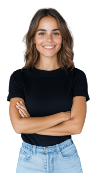 Young woman in casual black t-shirt and jeans with arms crossed smiling confidently on transparent background png