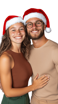 Smiling couple wearing Santa hats hugging and looking happy on transparent background png