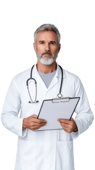 Mature doctor with gray hair holding a clipboard and smiling confidently in white coat on transparent background png