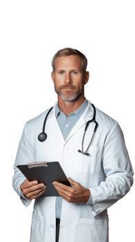 Confident male doctor with stethoscope and paper organizer folder standing and looking serious in white coat on transparent background png