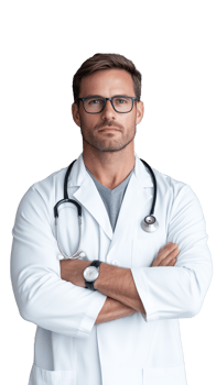 Male doctor with glasses crossing arms confidently while standing in white coat on transparent background png