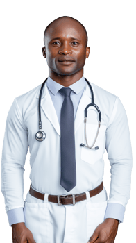 Black male doctor in white coat smiling confidently with stethoscope around his neck on transparent background png