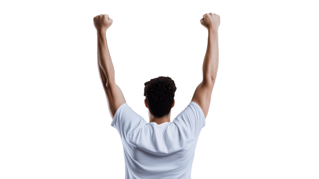 Back view of man raising arms in celebration and victory, showing excitement on transparent background png