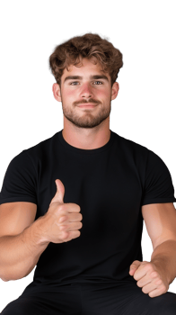 Man in black t-shirt giving thumbs up and smiling confidently while sitting on transparent background png