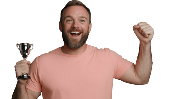 Man in pink t-shirt holding trophy and celebrating success with arms raised on transparent background png