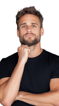 Young man in black t-shirt resting his hand on chin and looking thoughtful on transparent background png
