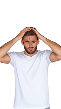 Man in white t-shirt holding his head in frustration and looking stressed on transparent background png