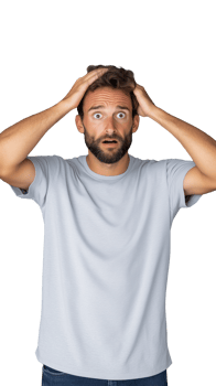 Man in white t-shirt holding his head and looking concerned on transparent background png