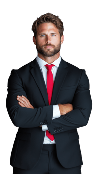Businessman in red tie crossing arms confidently and looking serious on transparent background png