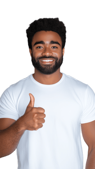 Happy man in white t-shirt giving thumbs up and smiling confidently on transparent background png