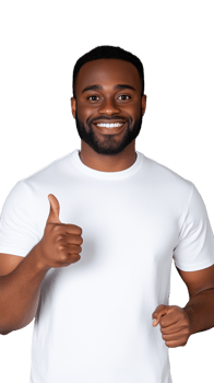 Smiling man giving thumbs up with confident expression and standing happily on transparent background png