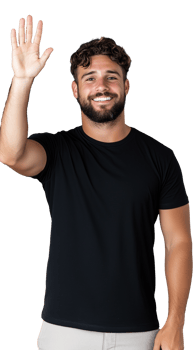 Young man in black t-shirt waving and smiling happily on transparent background png