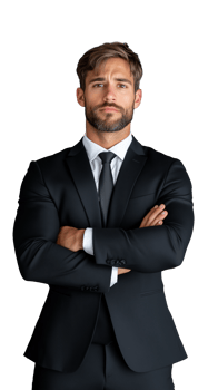 Confident businessman in suit crossing arms and looking serious on transparent background png