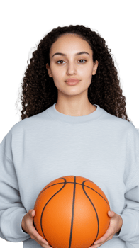Young woman holding basketball and standing confidently with calm expression on transparent background png