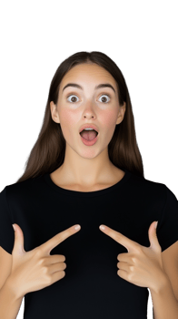 Surprised young woman in black shirt pointing to herself and looking shocked on transparent background png