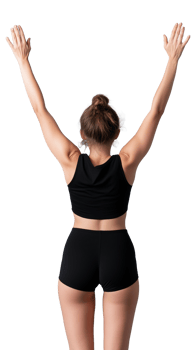 Fit woman in black sports outfit standing with arms raised in celebration on transparent background png