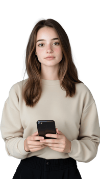 Young woman in beige sweater holding smartphone and looking focused on transparent background png