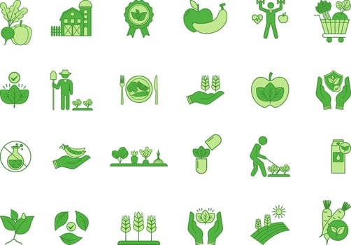 Green Set of Organic Farming Icons. Icons of Vegetables, Fruits, Farm, Organic Market, Organic Label, Organic, Chemical Free, Vegan, Bio, Harvest and Others vector
