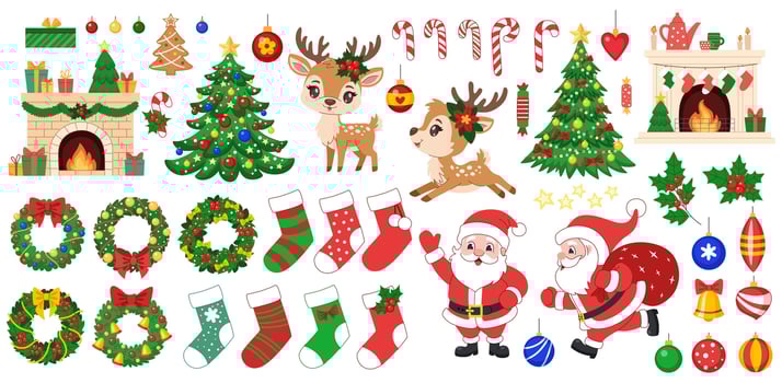 Big Christmas set. Christmas elements and characters. Christmas tree, candy canes, wreaths and socks, Santa Claus and reindeer, holly branches and Christmas tree decorations vector