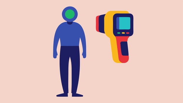 Thermal Scanner Device A side view of a thermal scanning device aimed at a fullbody silhouette with colored heat representation on the figure reflecting live temperature readings.. vector